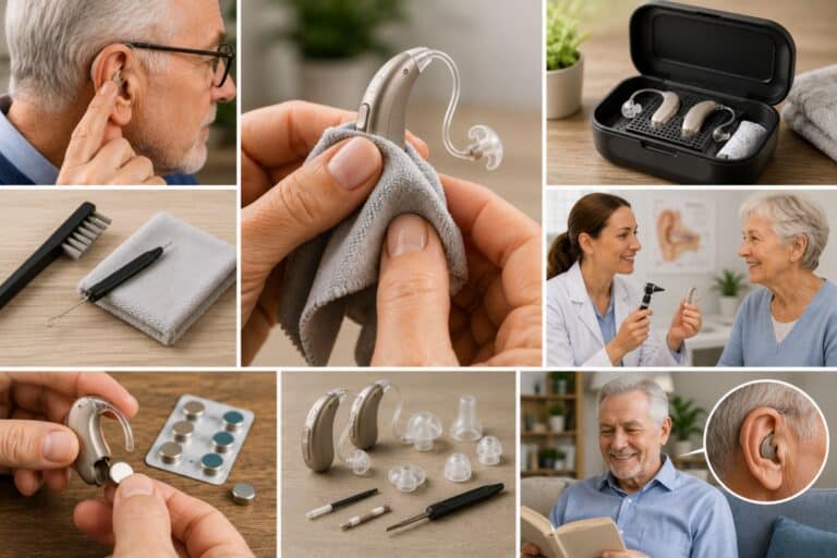 A collage of hearing aid maintenance activities showing a person wearing a hearing aid, cleaning a hearing device with a soft cloth, storing hearing aids in a protective case, replacing batteries, using cleaning tools, attending a hearing care appointment, and properly caring for hearing aid accessories.
