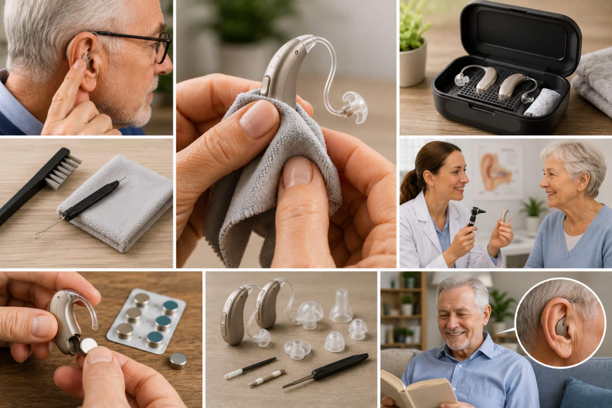 A collage of hearing aid maintenance activities showing a person wearing a hearing aid, cleaning a hearing device with a soft cloth, storing hearing aids in a protective case, replacing batteries, using cleaning tools, attending a hearing care appointment, and properly caring for hearing aid accessories.