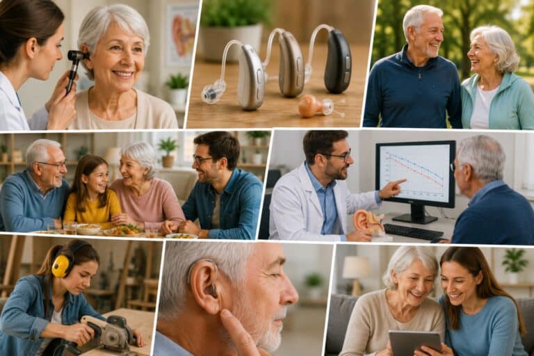 A collage illustrating common hearing loss myths and facts, featuring people of different ages receiving hearing evaluations, wearing modern hearing aids, consulting with hearing care professionals, communicating with loved ones, protecting their hearing in noisy environments, and enjoying active, connected lifestyles through better hearing care.